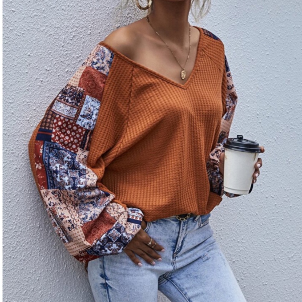 CLEARANCE Orange Fall Vibes Patchwork Waffle Long Sleeve Tee - Picture 6 of 8